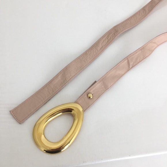Vintage Alexis Kirk Thin Blush Pink Leather Belt Large Gold Buckle - Picture 7 of 12